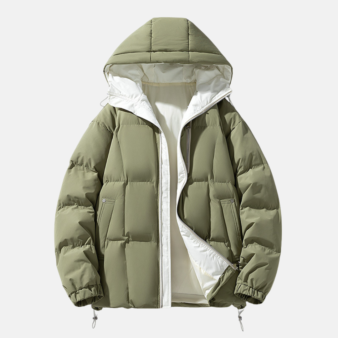 Men's oversized quilted puffer jacket hooded winter coat with zip front closure in neutral tone
