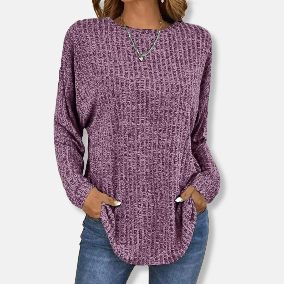 Women's relaxed fit ribbed knit pullover top long sleeve curved hem in cozy layerable style