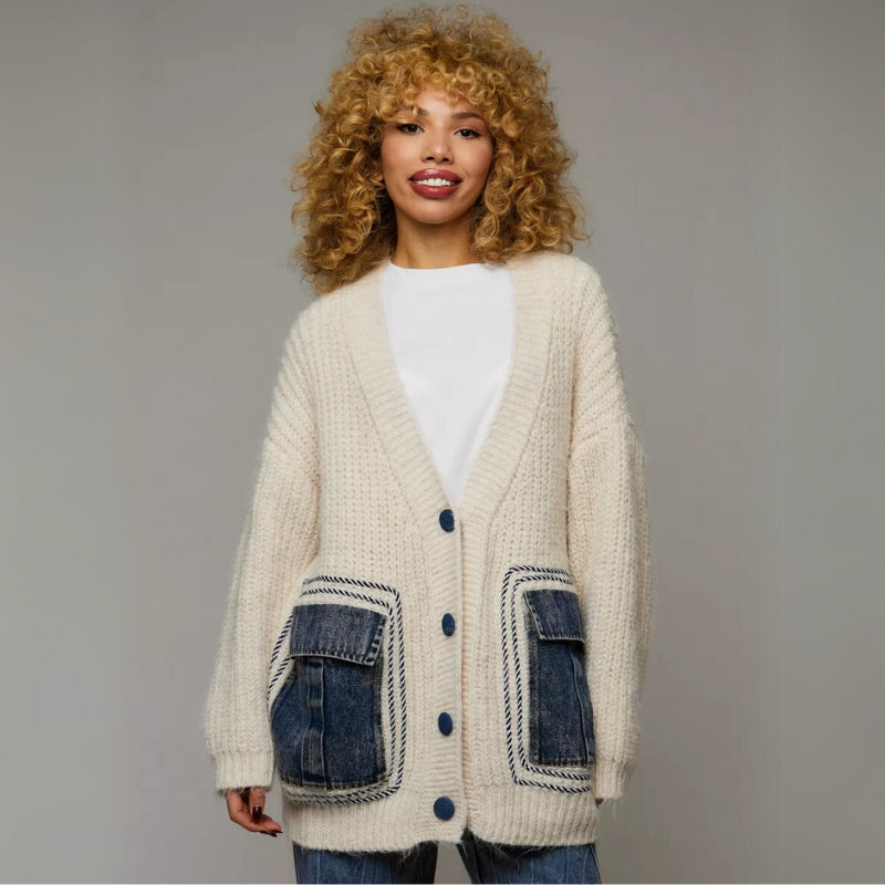 Oversized brown thick-knit cardigan with rugged denim pocket accents for urban style