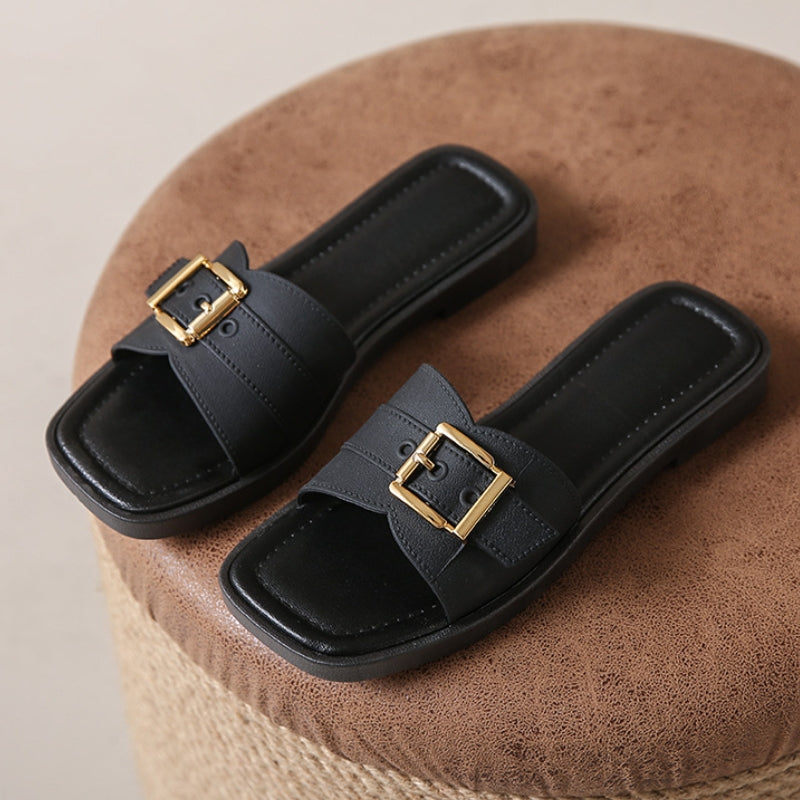 Marobi comfort sandals square toe gold hardware cushioned sole sleek minimalist silhouette