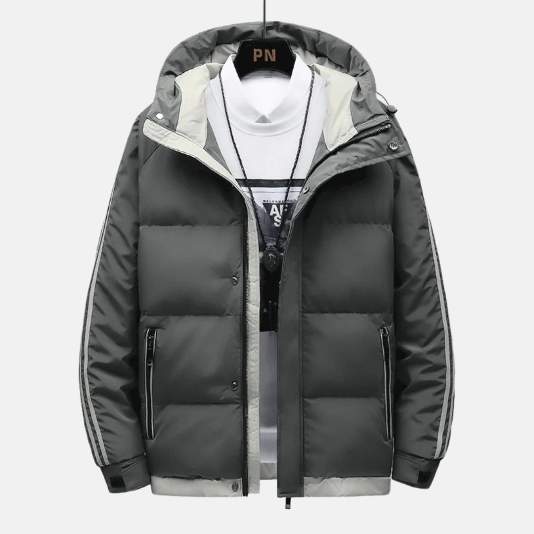 Men's forest green puffer jacket woven polyester blend slim fit cream interior contrast lining