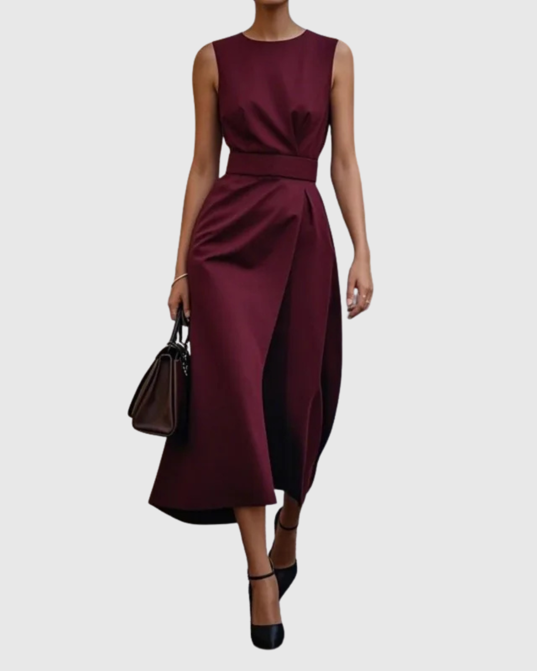 Women's rust sleeveless midi dress with round neck and distinctive twist knot waist detail