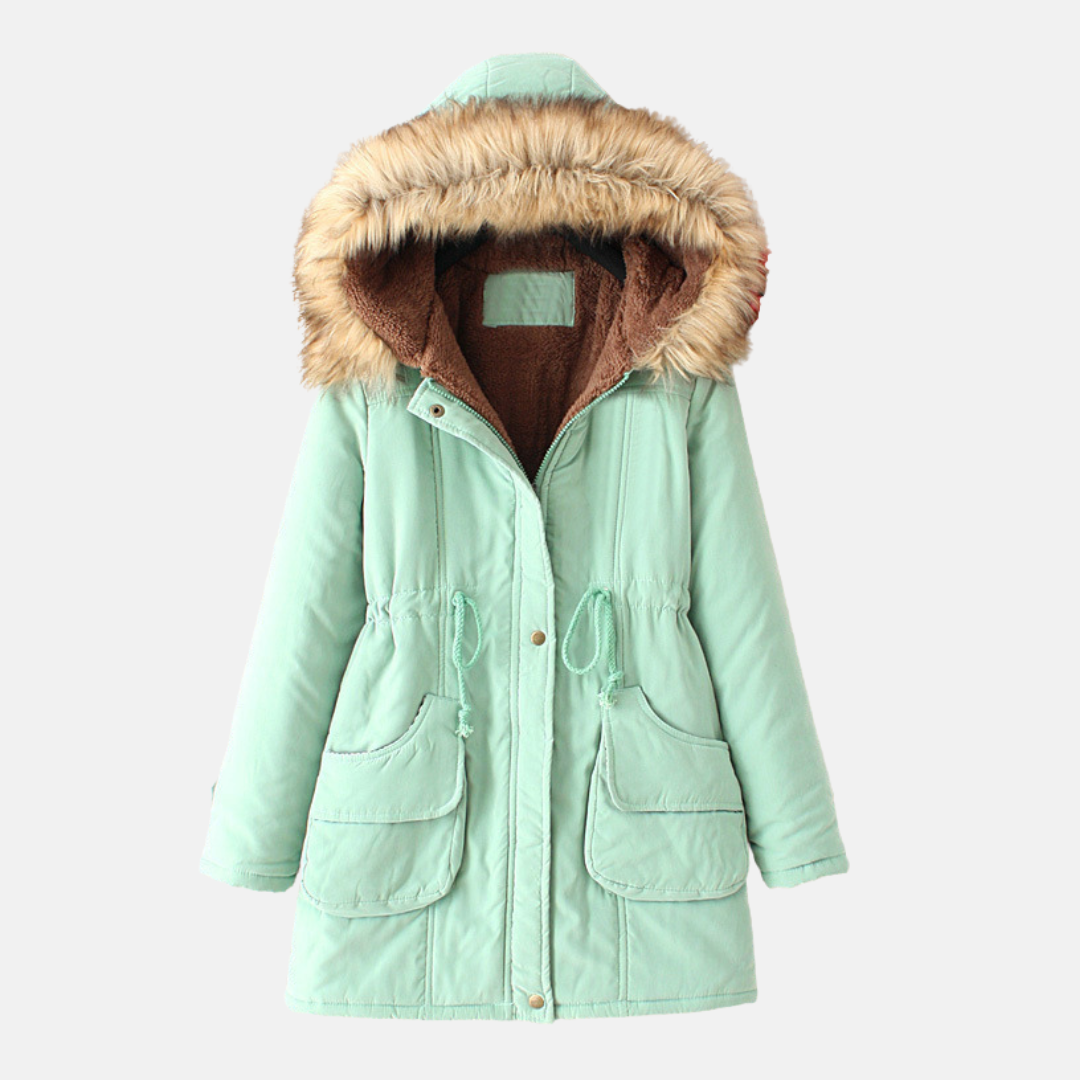 Women's slim fit winter parka coat with sherpa lining, faux fur hood, and drawstring waist