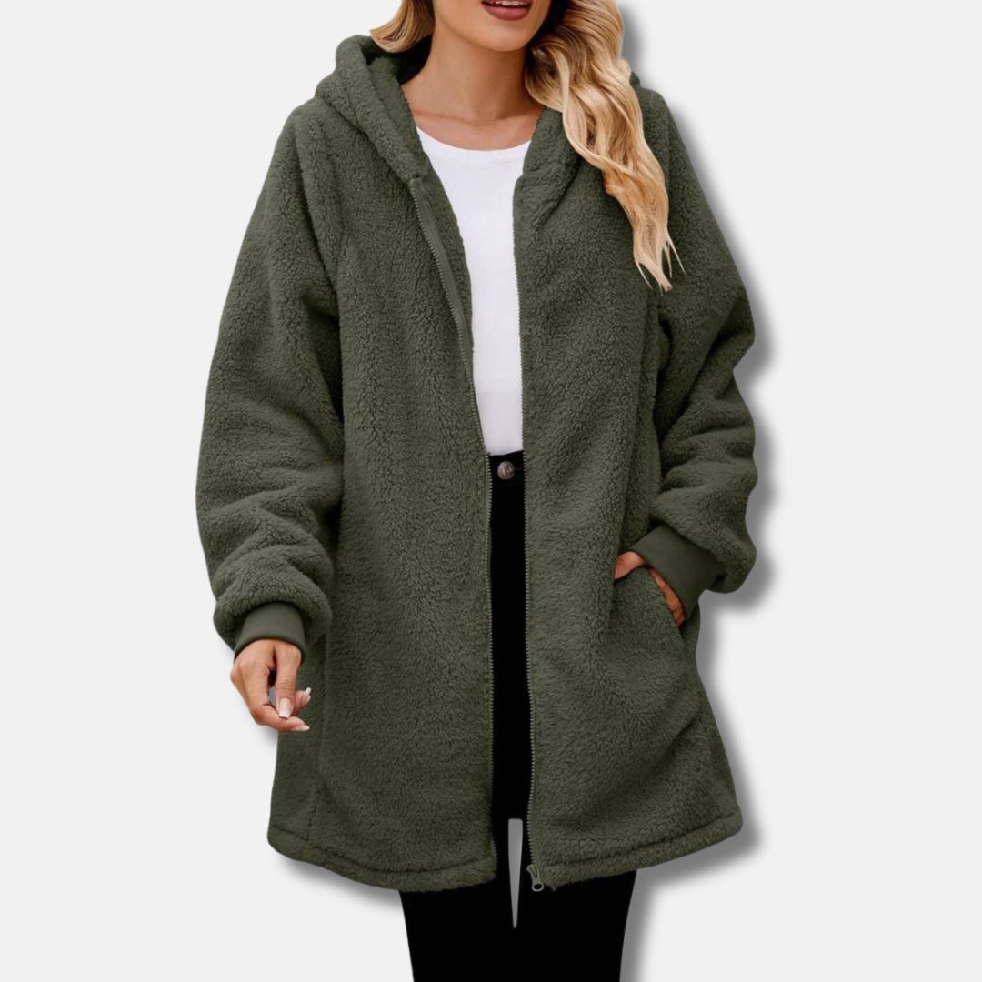 Women's plush oversized hooded zip-up jacket cozy fit with front pockets for fall winter warmth