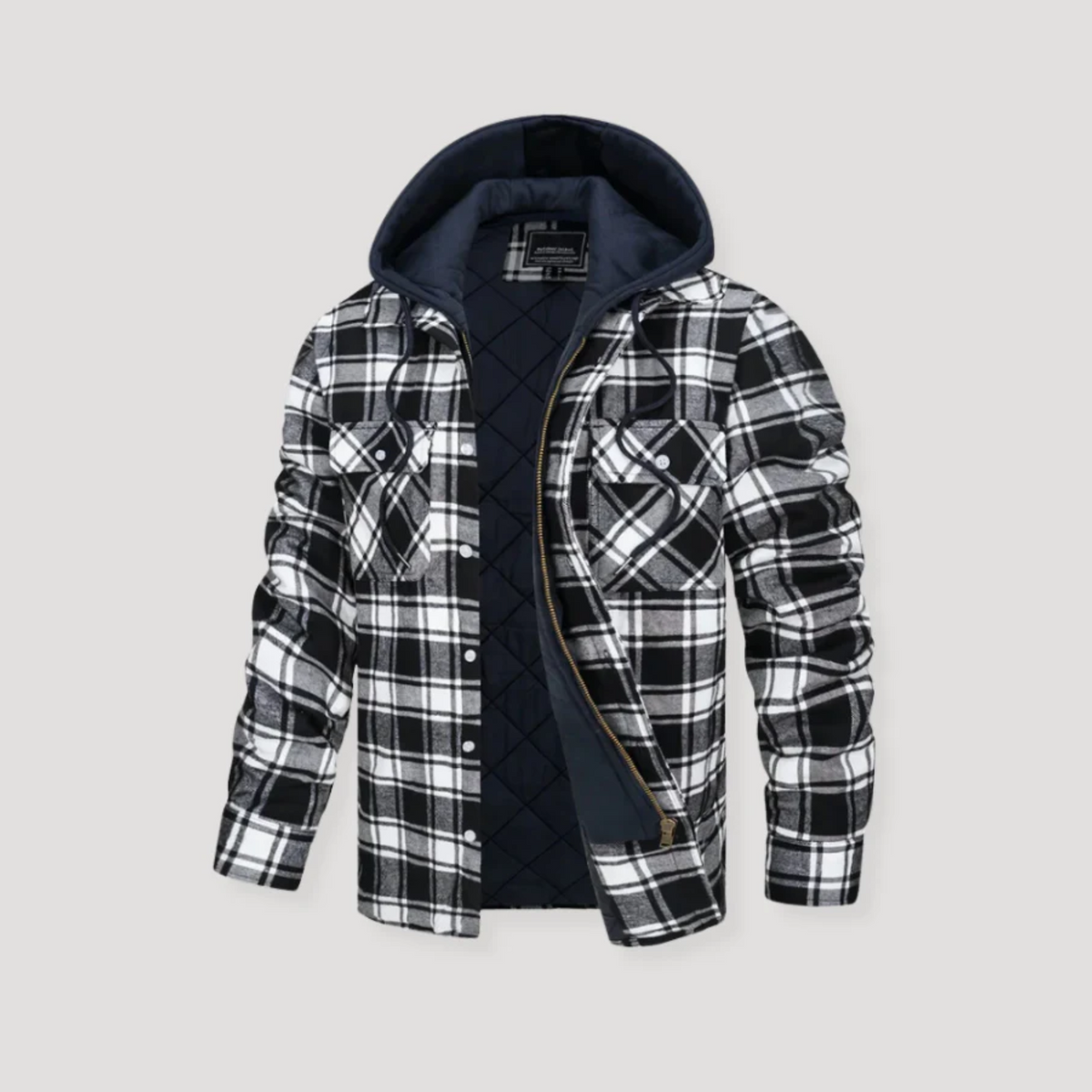 Men's plaid flannel jacket with hood, rugged cozy fit in classic multicolor checkered pattern