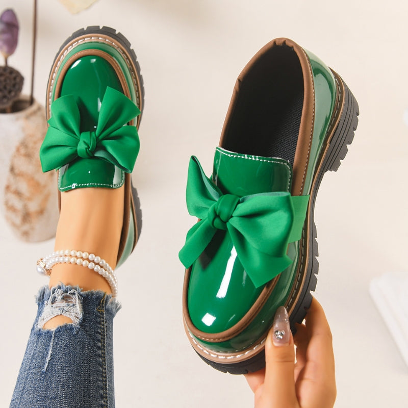 Women's patent bow platform loafers slip-on shoes with chunky sole and statement bow detail
