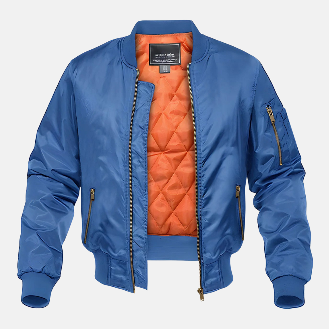 Men's black bomber jacket quilted lining zippered utility pockets ribbed trim everyday style
