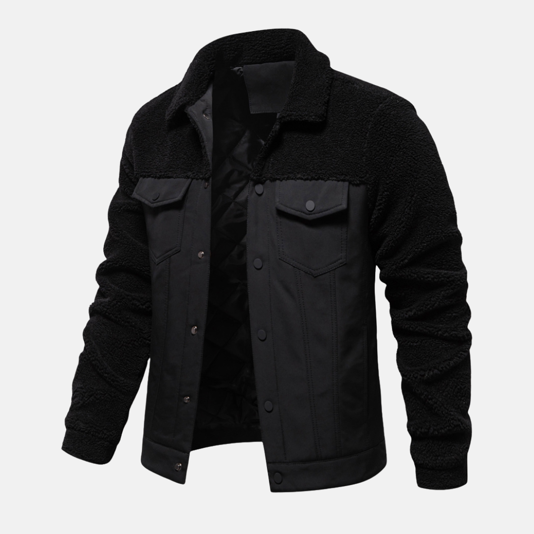Men's tan mixed material trucker jacket, hip length with point collar and snap button closure