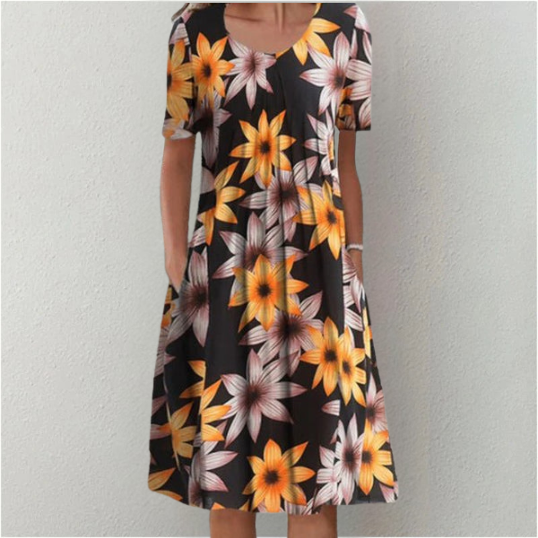 Casual floral dress with flattering silhouette and functional pockets, feminine everyday style