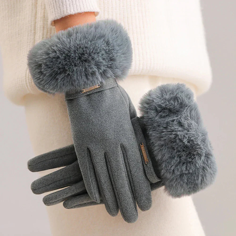 Solid wrist-length fitted gloves with elegant fur cuff trim, versatile cool-weather fashion accessory