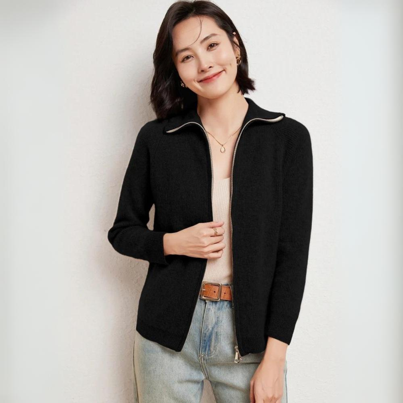 Merino wool zip-up sweater with turn-down collar, sleek zipper closure, timeless knit texture