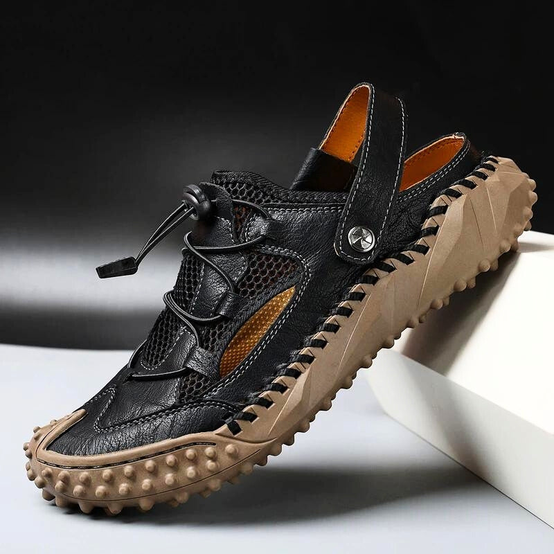 Draven vegan leather sandals with minimalist toe cap, elastic toggle laces, lightweight hybrid design