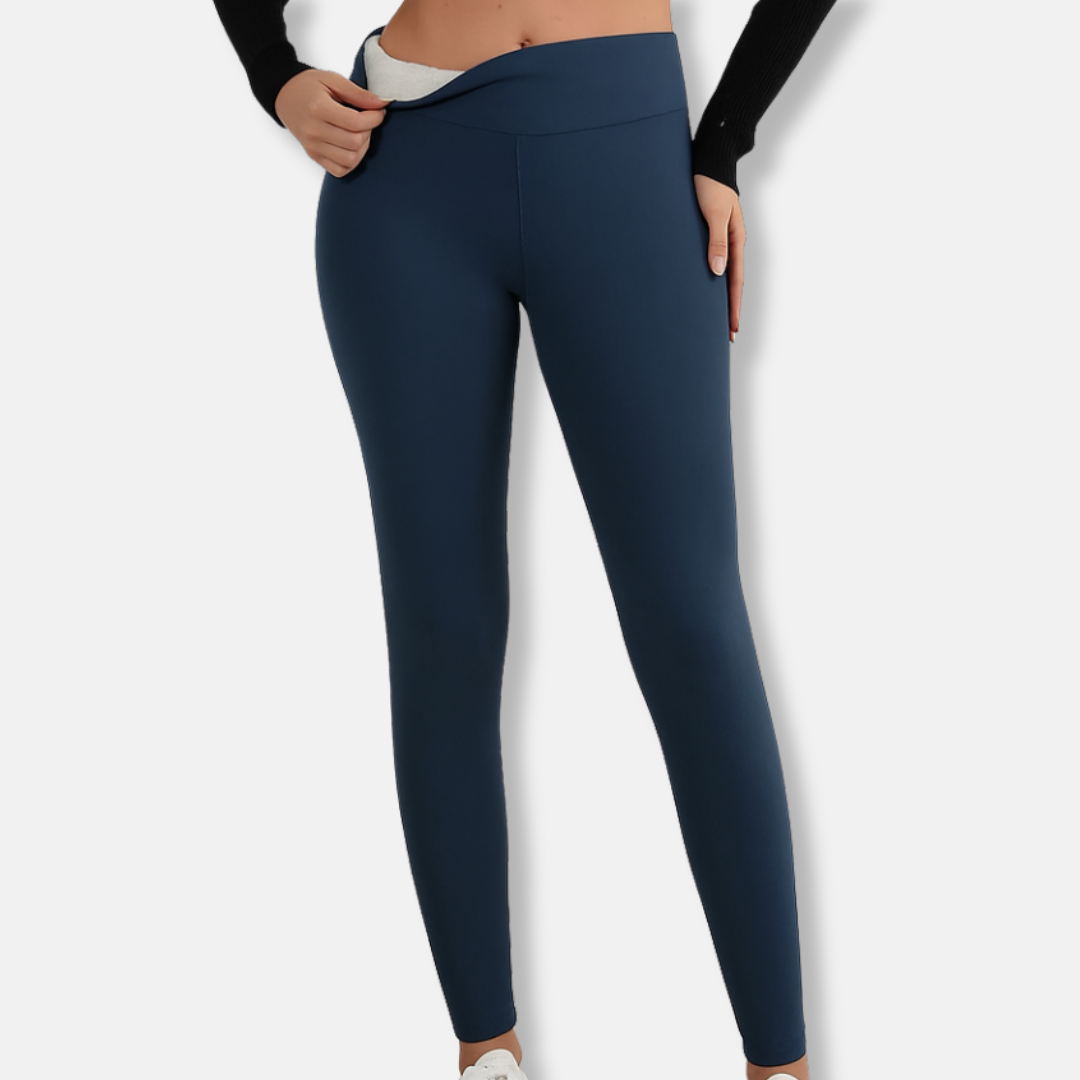 Women's black high-waist full-length leggings with plush lining and body-hugging fit