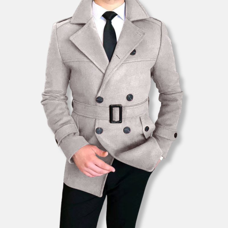 Men's burgundy wool blend double-breasted jacket tailored fit with belted waist by Wavlynn