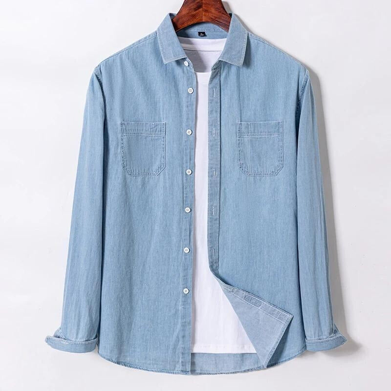Sylvi classic blue denim shirt with sharp point collar and dual chest pockets, 100% cotton