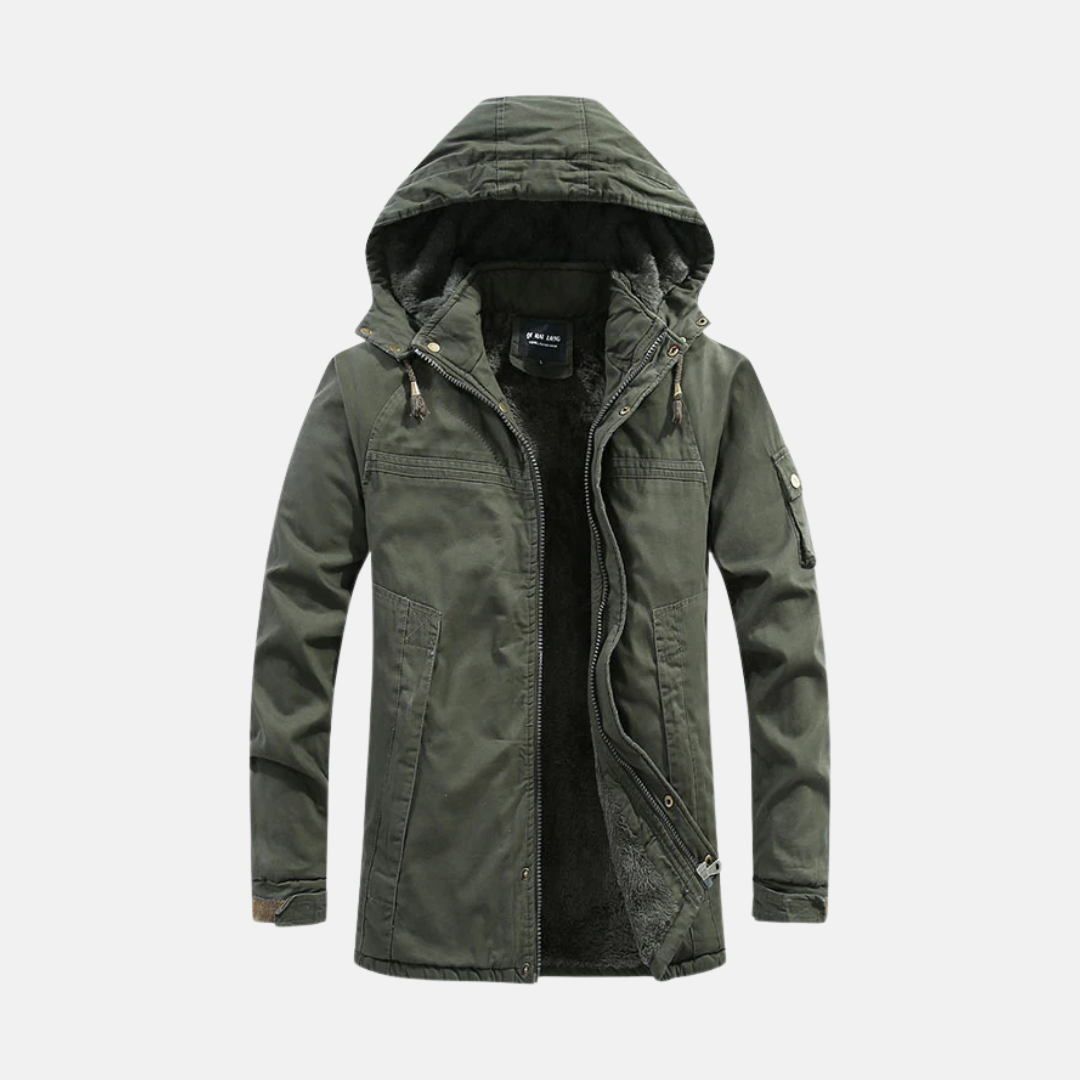 Men's relaxed-fit hooded coat with sherpa lining, utility pockets, and zipper closure for casual warmth