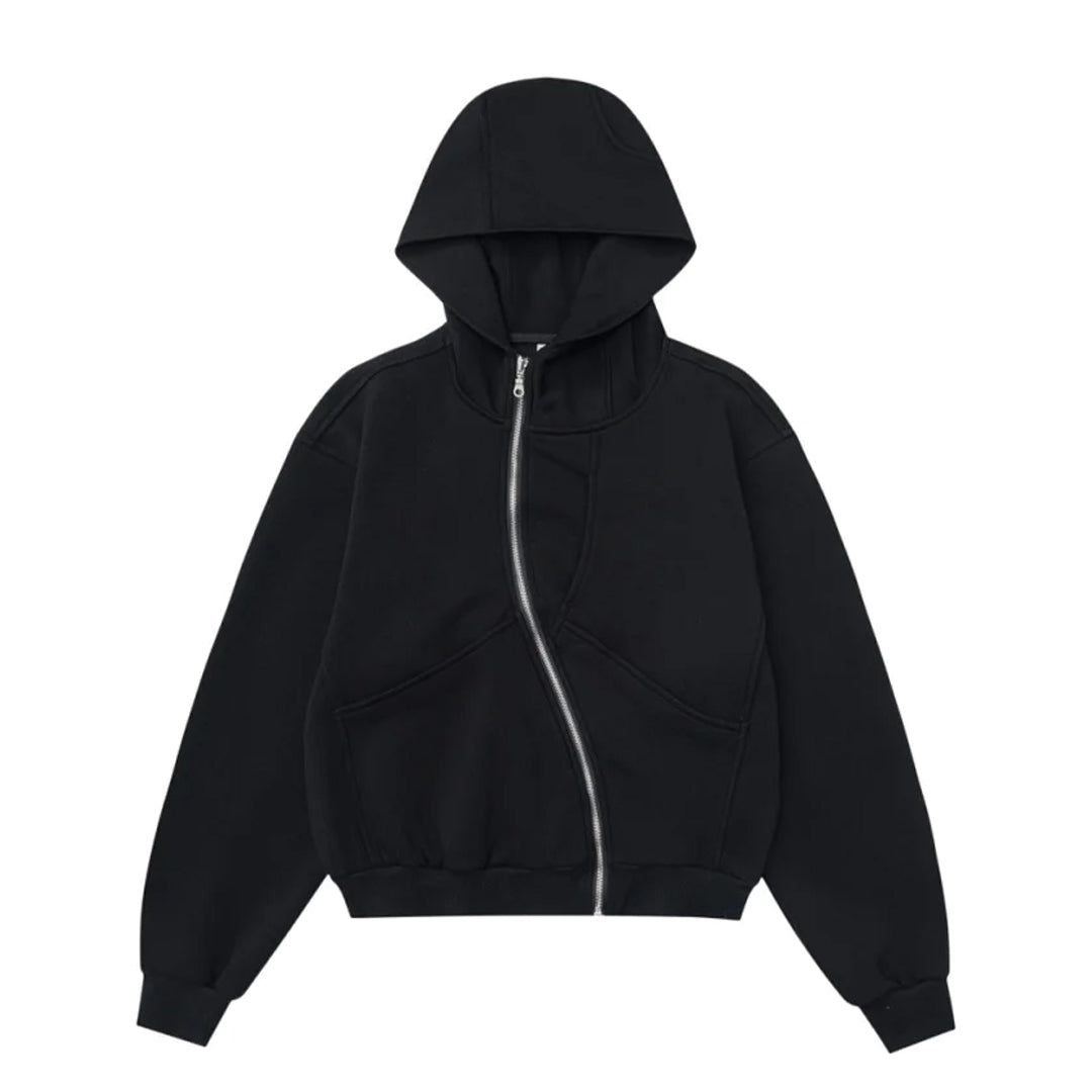 Black loose fit streetwear hoodie with curved zip fastening and paneled detailing