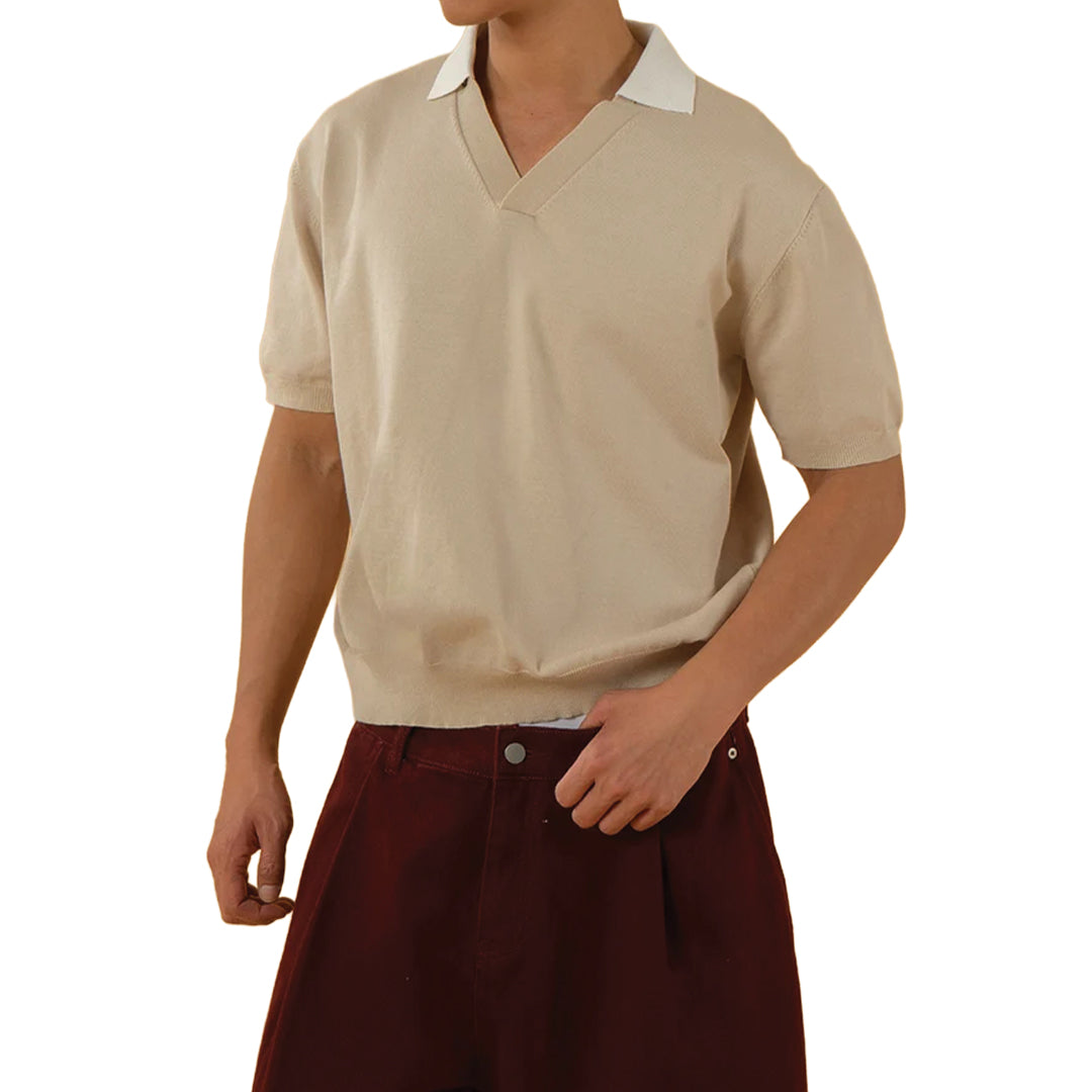 Navy blue split collar club polo shirt with detachable snap-on collar for versatile smart-casual styling