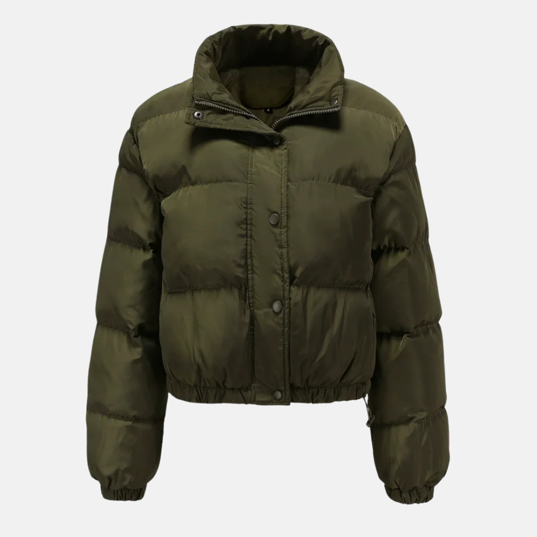 Women's oversized cropped puffer jacket quilted water-resistant design with button front closure