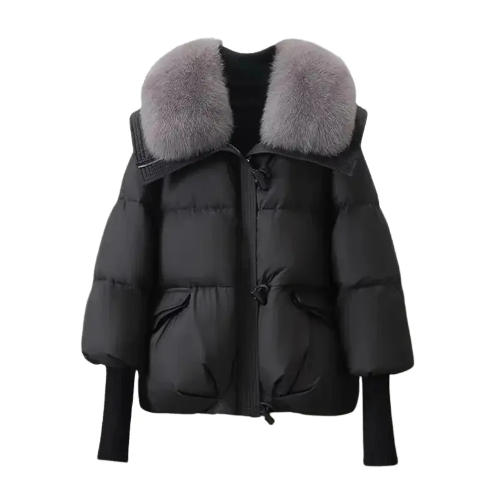 Black insulated puffer coat with grey faux fur collar, ribbed cuffs, and toggle details for women