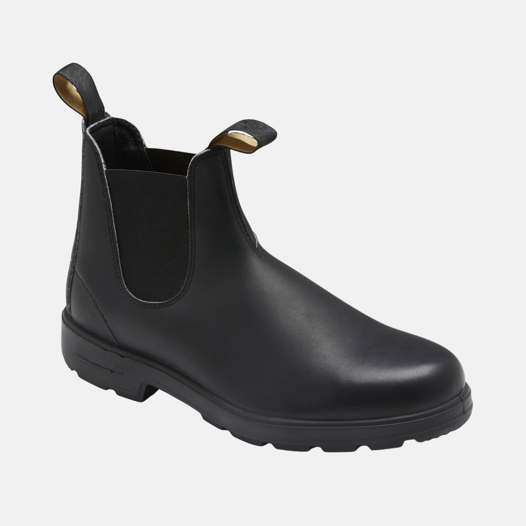 Men's black leather Chelsea ankle boots with elastic side gussets, pull-on silhouette for work or casual
