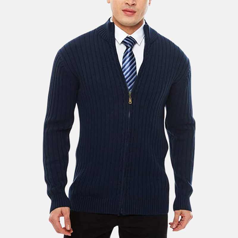 Men's gray knit blend full-zip cardigan with stand collar, smart casual regular fit layer