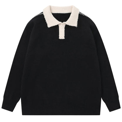 Relaxed-fit wool-blend sweater with contrast cream textured collar and button placket