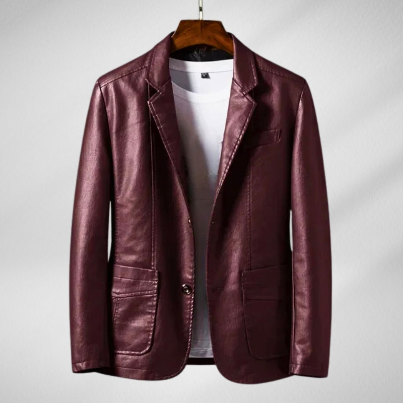 Black slim-fit leather jacket with sharp tailoring and classic two-pocket design