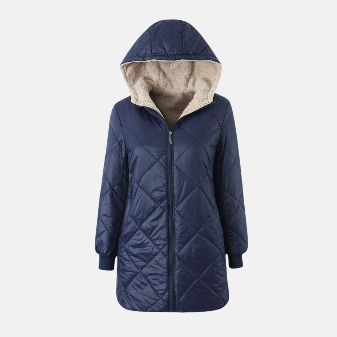 Women's reversible hooded quilted coat diamond stitching mid-thigh length warm winter outerwear