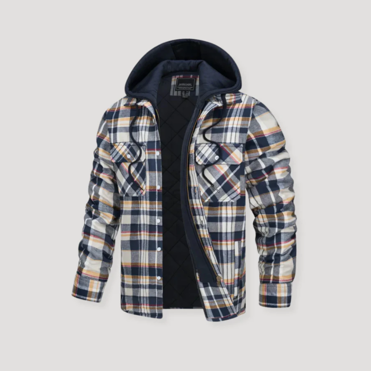 Men's plaid flannel hooded jacket rugged outdoor style warm cozy layering piece
