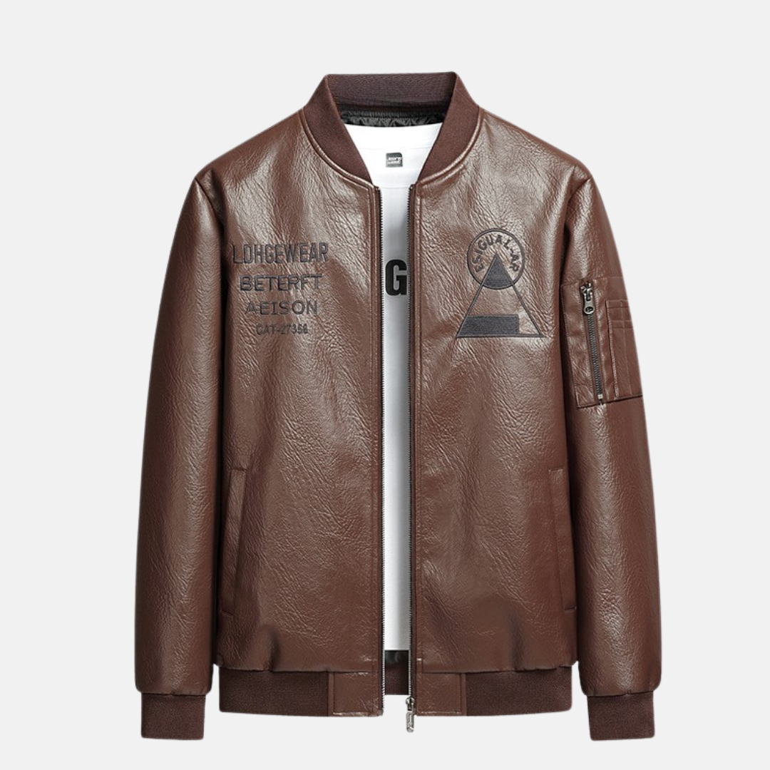 Men's black faux leather bomber jacket regular fit with zip front and embroidered detail