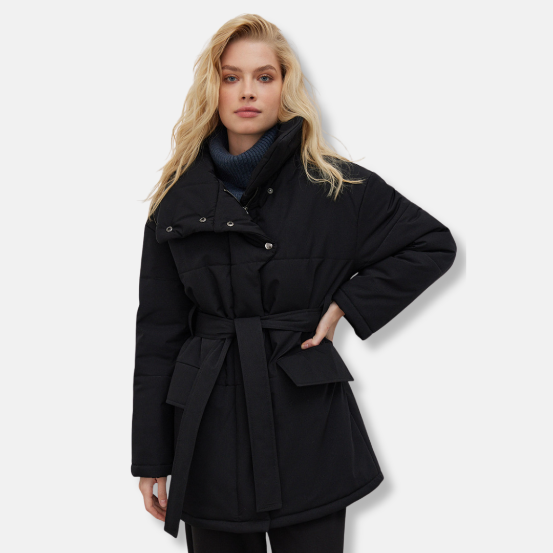Women's oversized puffer winter coat with belted waist, high stand collar, cozy relaxed fit