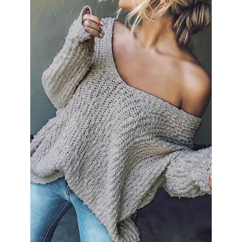 Marvia cream textured knit sweater relaxed drop-shoulder silhouette with V-neckline