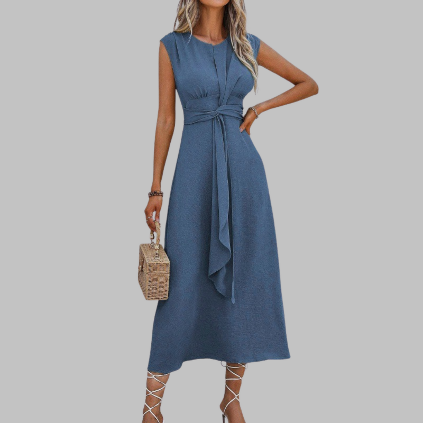 Elegant sleeveless maxi dress round neck flattering silhouette timeless style graceful floor-length design