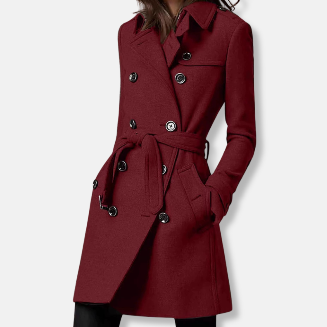 Women's slim fit wool blend belted double breasted mid-thigh coat for office to evening wear