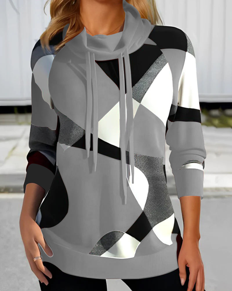 Women's relaxed fit hooded pullover soft knit long sleeve geometric pattern cozy sweater