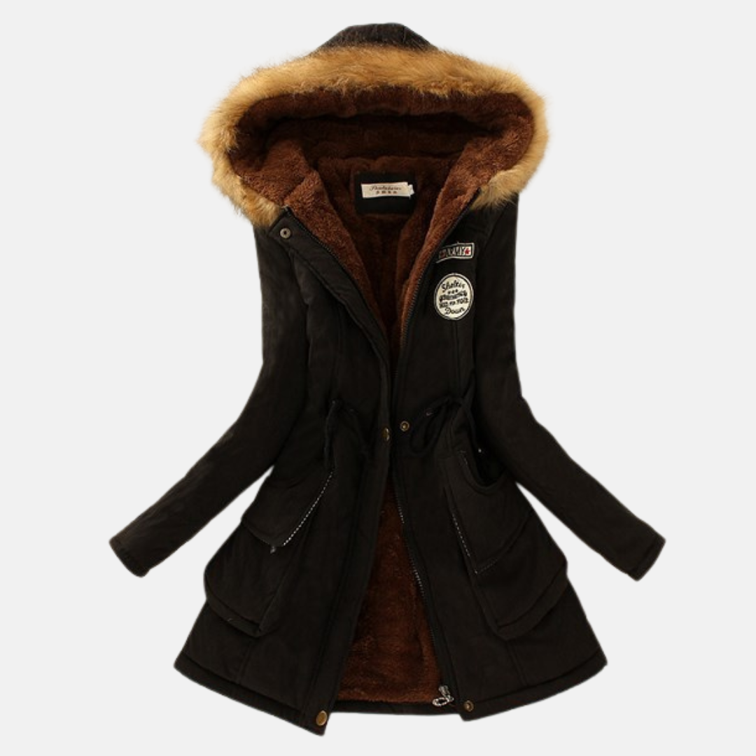 Women's tailored fit parka jacket with fleece lining and faux fur hood zip closure