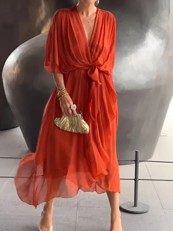 Lori™ timeless wrap midi dress in elegant silhouette with flattering crossover neckline