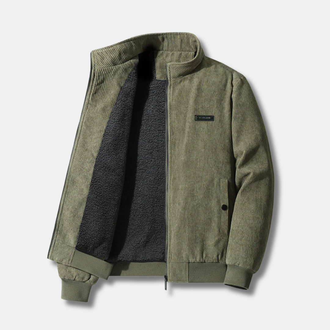 Brown corduroy jacket with warm sherpa lining, rugged yet sophisticated cold-weather style