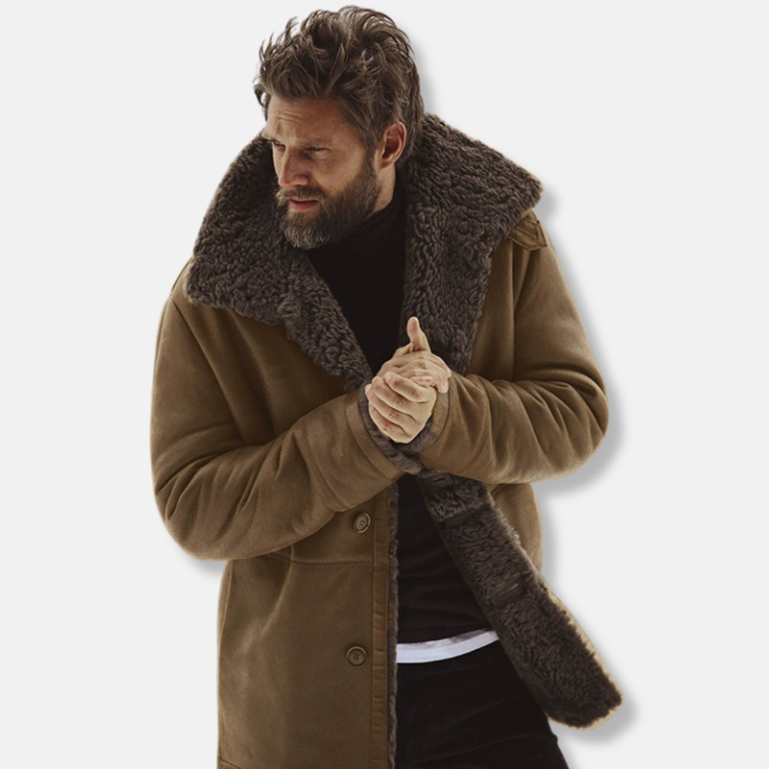 Men's wool-blend coat with faux shearling collar, relaxed mid-thigh fit, structured drape for autumn winter