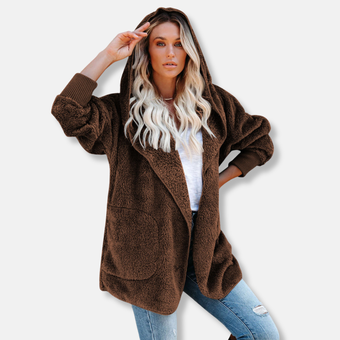 Women's oversized sherpa fleece hooded cardigan in cozy open-front style with deep pockets