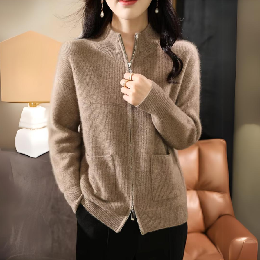 Ivory merino wool knit jacket, slim silhouette with soft silken finish, perfect for layering
