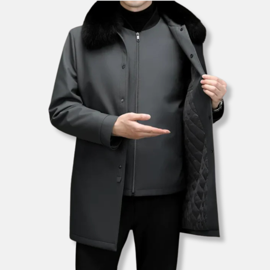 Men's mid-length woven blend jacket with stand collar and detachable faux fur collar