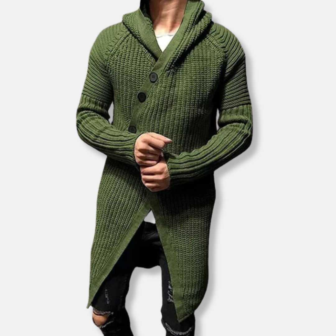 Men's gray chunky knit wool longline cardigan with hooded shawl collar relaxed fit cold-weather