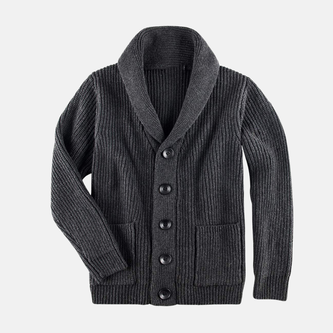Men's ribbed knit shawl collar cardigan coat, regular fit, button front, patch pockets