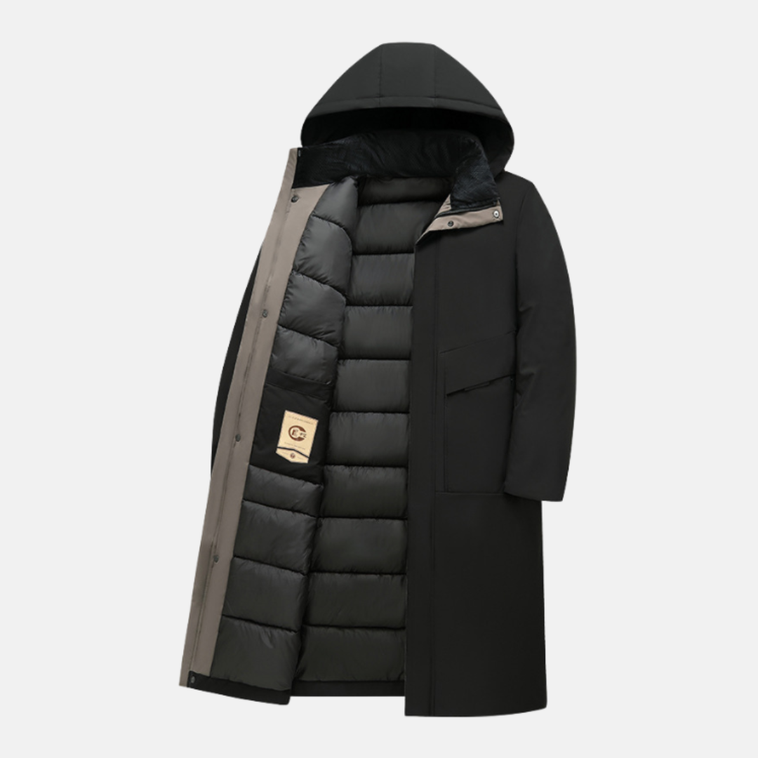 Men's full-length insulated coat with hood, regular fit silhouette and snap button closure