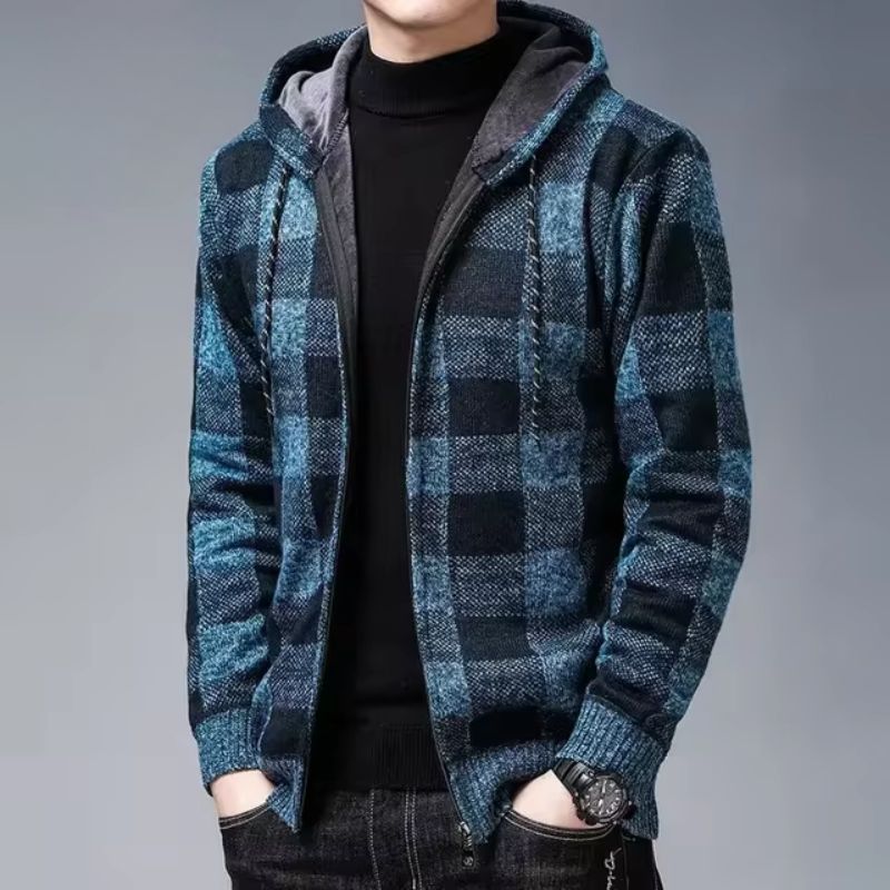 Men's plaid fleece zip-up hoodie in cozy warm tones, soft insulating fabric for cold weather comfort
