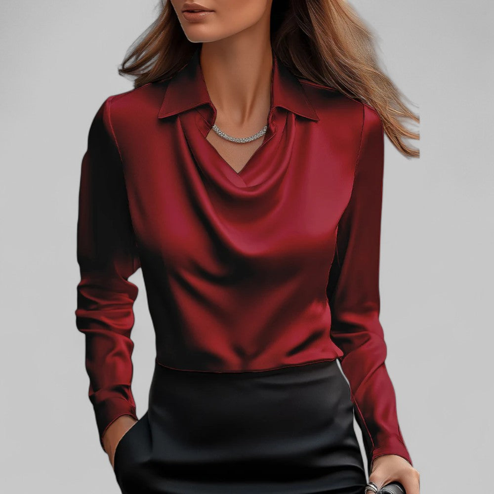 Women's satin blouse draped neckline long sleeve silky top elegant professional wear