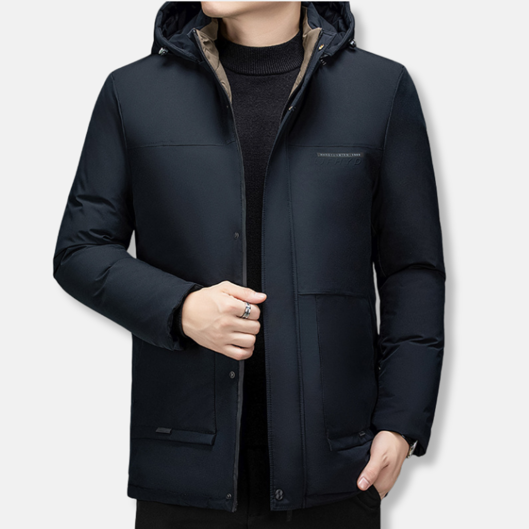 Men's mid-length padded hooded winter coat weatherproof insulated drawstring outerwear in neutral tone