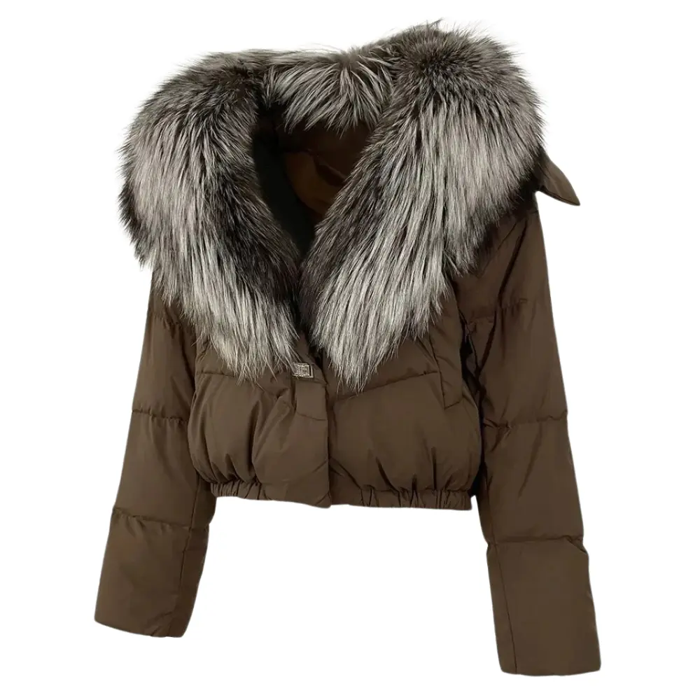 Women's cropped cinched puffer jacket with detachable faux fur collar, insulated winter style